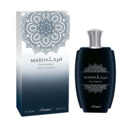 Rasasi Marha Pour Homme Eau de Parfum | Bergamot Cardamom Geranium Patchouli Amber Vanilla | Men 3.4 oz