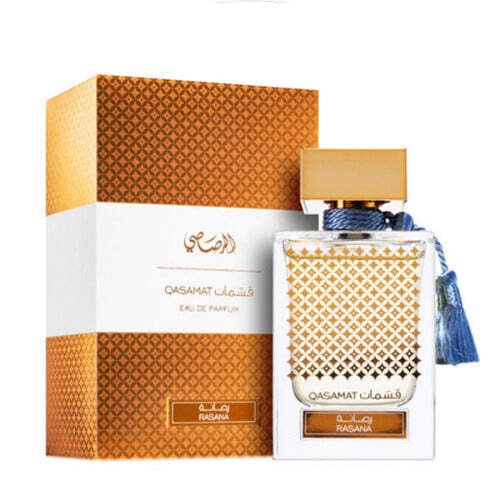 Rasasi Qasamat Rasana Eau de Parfum | Bergamot Lemon Apple Leather Sandalwood Oud Amber | Unisex 2.2 oz